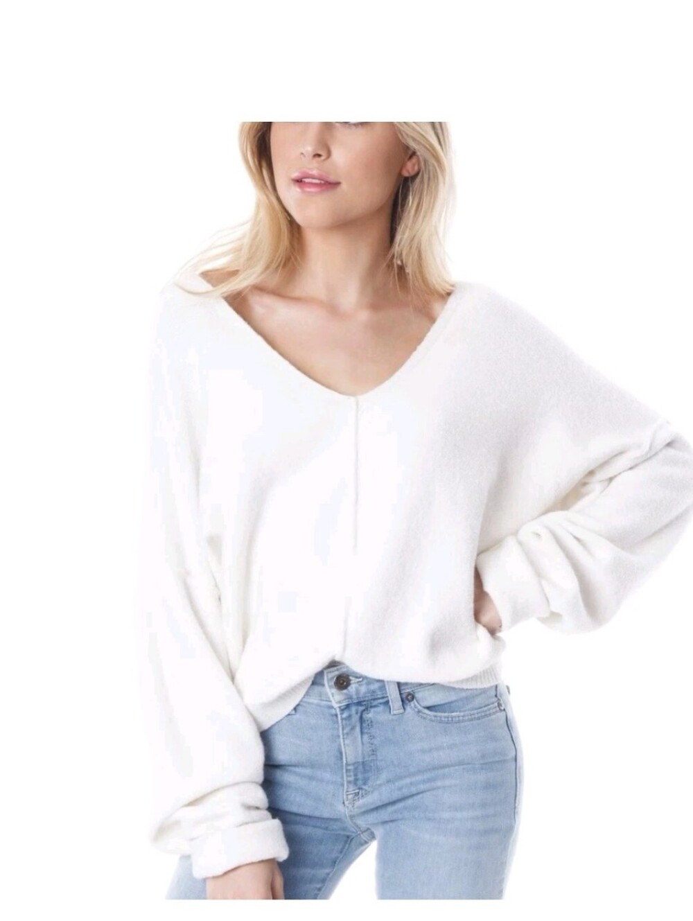 Free People Take Me Places Pullover Sweater Ivory Cotton Oversized V Neck Large